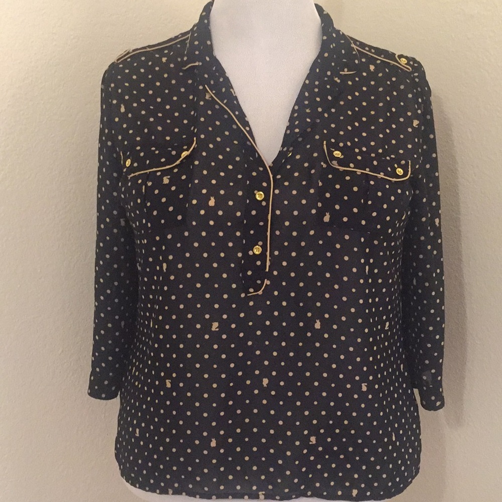 A.n.a Polka Dot Black and Tan Patterned Blouse-Size XL